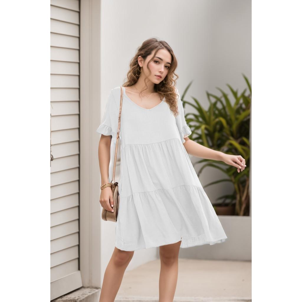 Summer Women's Casual V-Neck Ruffled Babydoll Dress, European American Style Fashion Ladies Dress