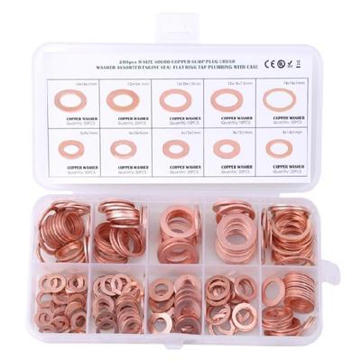 Copper Flat Washer Selection, 200Pcs, Assorted Size, Suitable for Electrical Connections