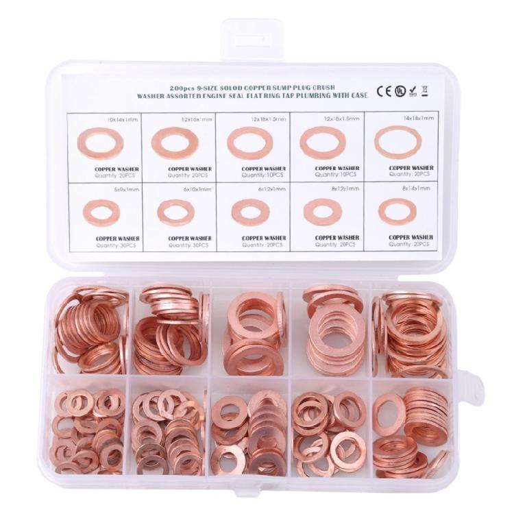Copper Flat Washers Assortment Kit, 200Pcs Copper Sealing Washers Assortment Set, 9Size 1