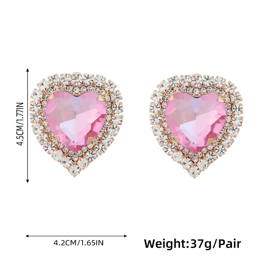 Spring 2024 New Metal Glass Rhinestone Heart Stud Earrings Engagement Party Luxury Jewelry Women's Elegant Shiny Accessories