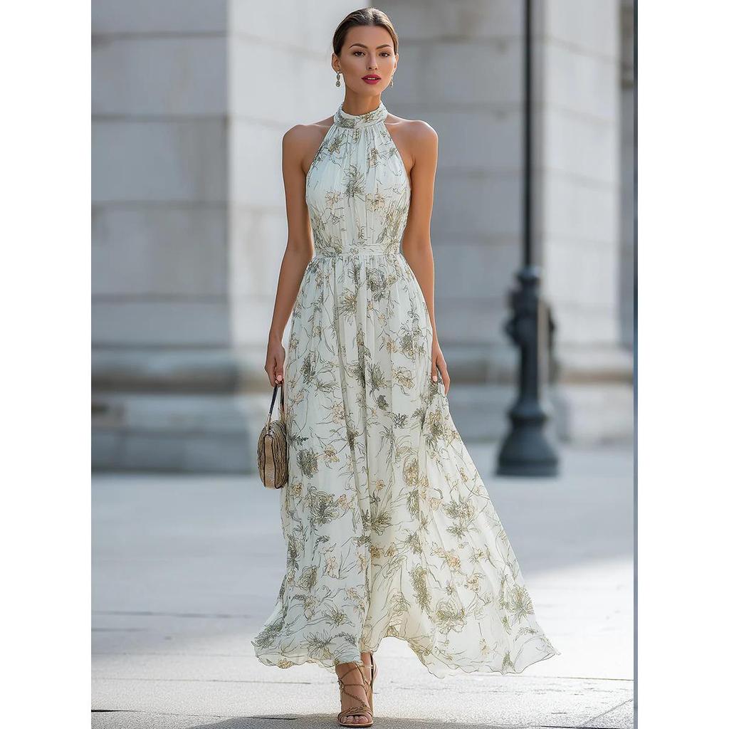 Elegante Vestido Maxi Floral con Cuello Halter para Mujer 2026, Vestido Largo de Gasa Fluido sin Mangas, Ropa de Playa y Fiesta de Verano