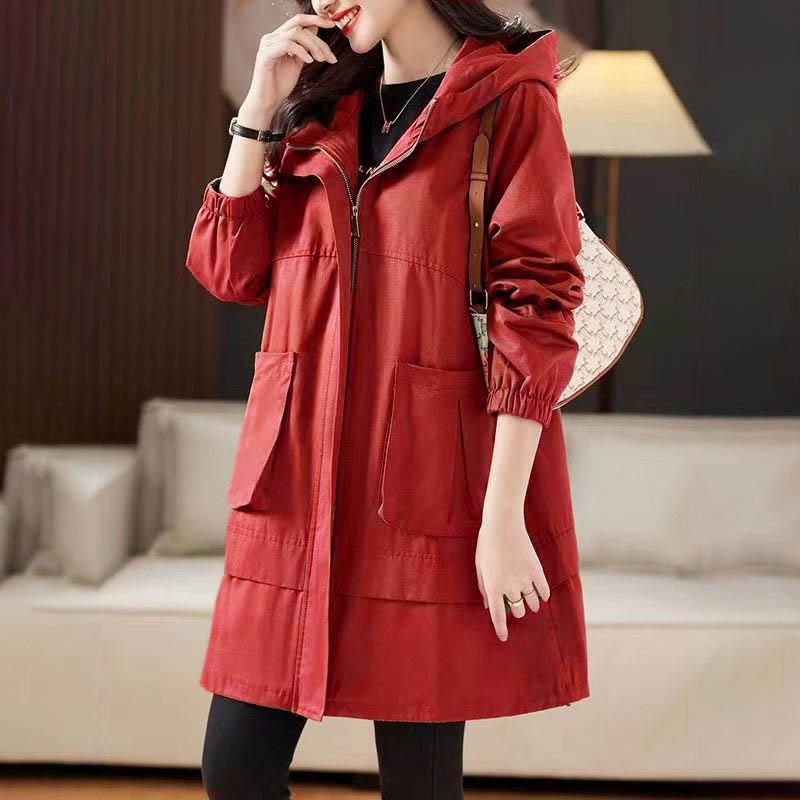 Large Size Women Hooded Trench Coat Jacket Medium-length Loose Casual Versatile Coat