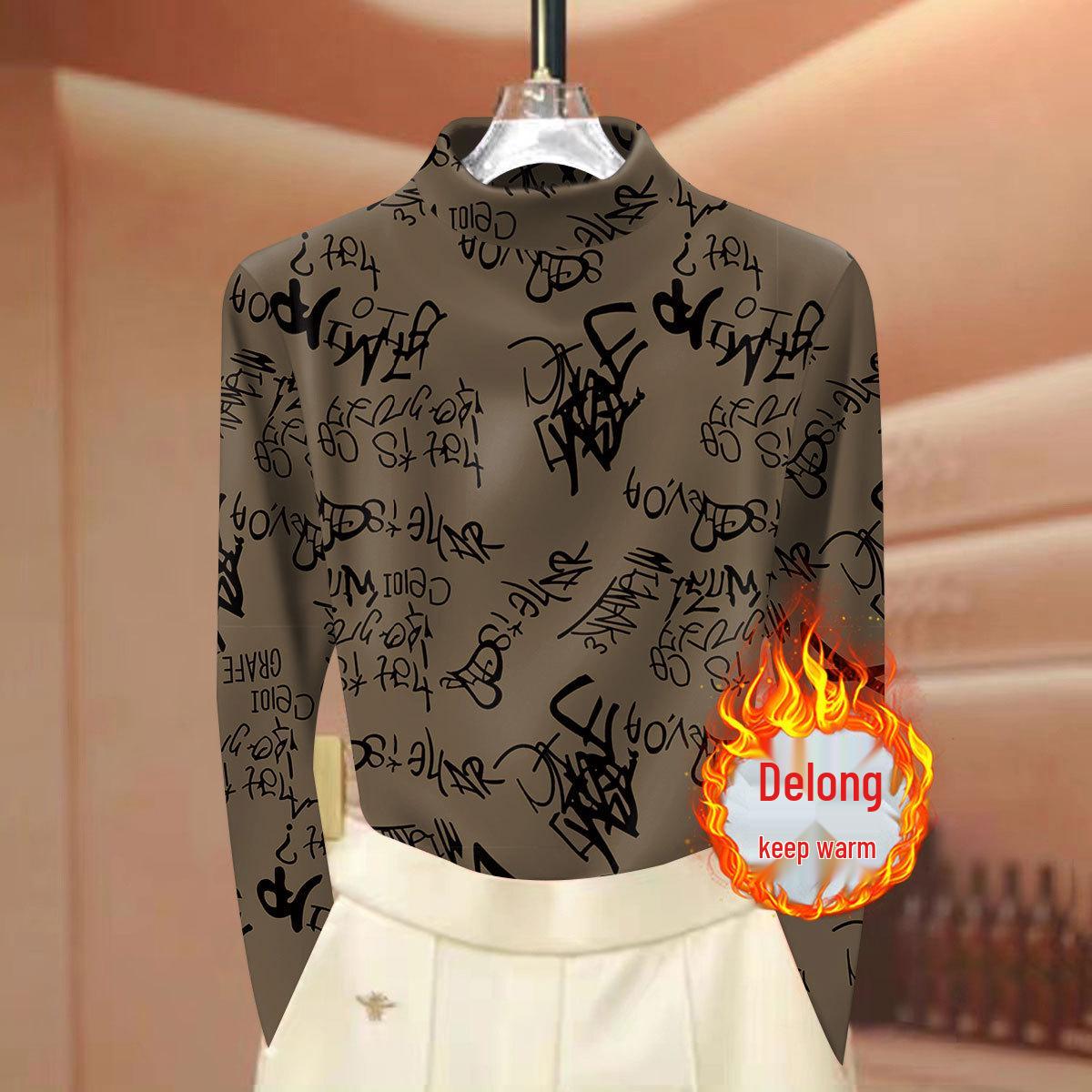 

Women s Ribbed Velvet Base Layer Top - Letter Print, Semi-High Neck, Long Sleeves, Floral Pattern, Warm & Slimming 3XL (135-150 jin)