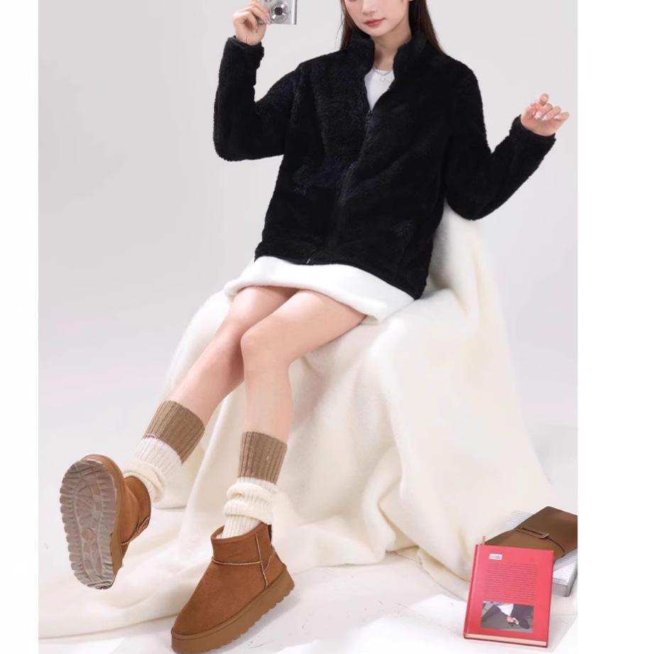 Women's Double-Sided Fleece Jacket - Autumn/Winter Style, Warm Stand-Up Collar, Cardigan Windbreaker.