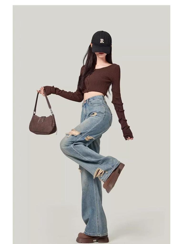 Women's 2024 Retro High-Waist Ripped Jeans - Spring & Autumn Slimming Floor-Sweeping Wide-Leg Pants Trend