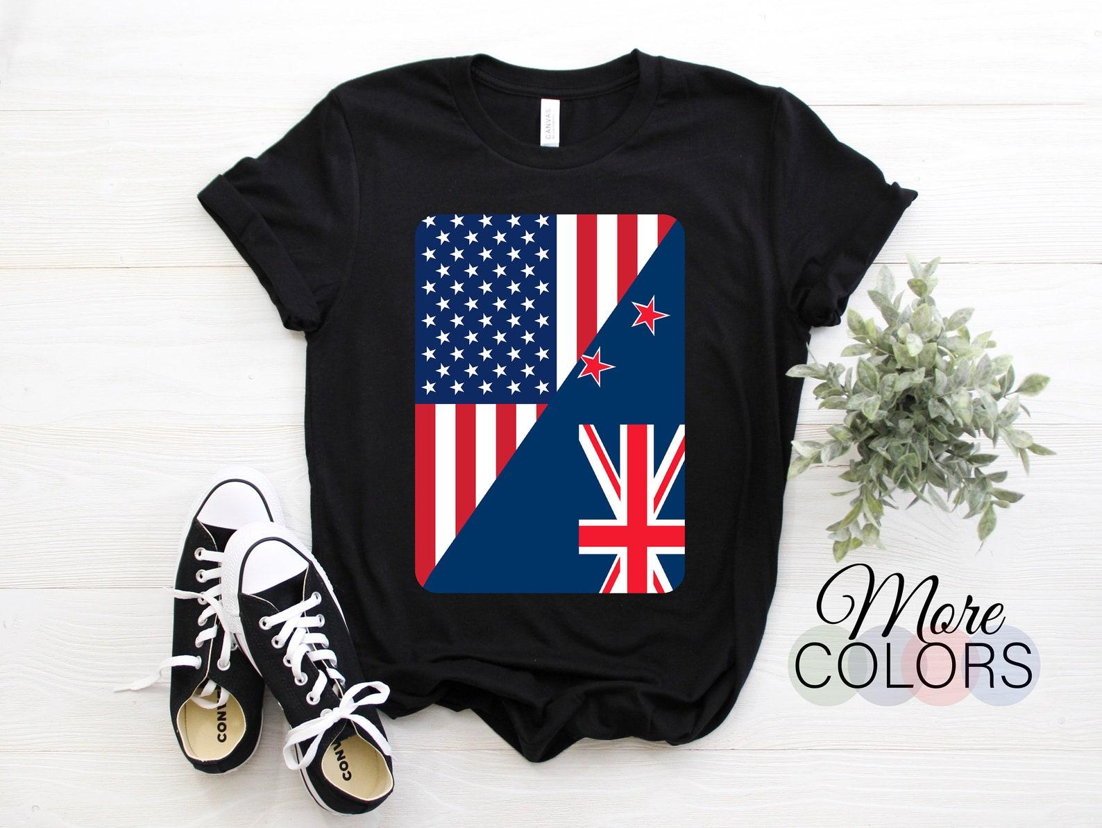 New Zealand American US Flag Kiwi T-Shirt, NZ Travel Shirt, Kiwis Gift, USA Roots Heritage, New Zealander Outfit Birthday Christmas Present, 140