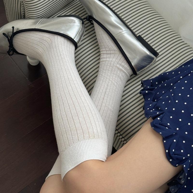 Spring and Summer Vertical Striped Boneless Calf Socks for Women, Cotton Sweat-absorbing Solid Color Long Stockings