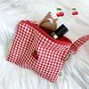 Red cherry canvas makeup bag, portable and easy to carry. Red plaid, large capacity cosmetic lipstick storage bag