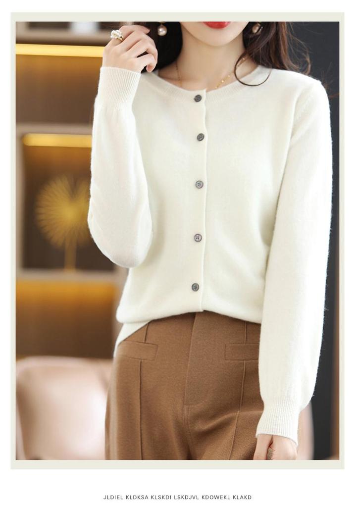 Women's Korean Style Cashmere Cardigan - Round Neck, Long Sleeve, Loose Fit, 100% Wool Knit Top for Spring/Autumn