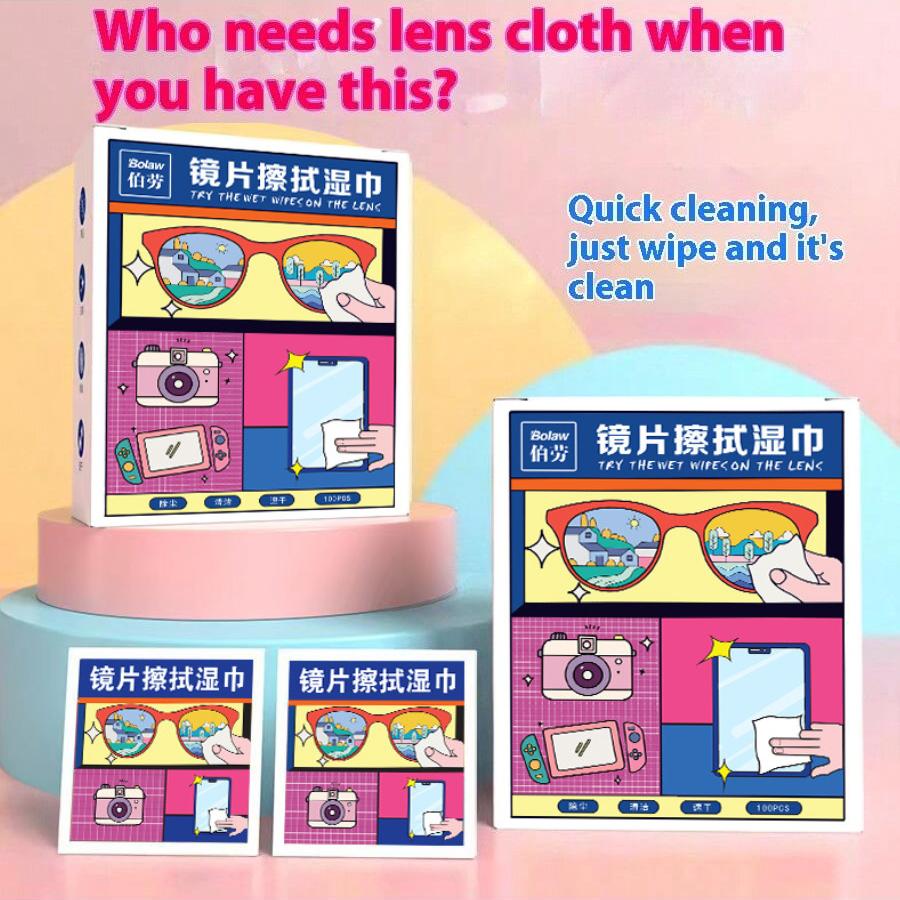 Anti-Fog Lens Wipes Disposable Cleaning Wet Wipes for Glasses Sunglasses Helmet Visors Anti-Smudge Screen Cleaning Streak-Free Cloth 100 Pc/box