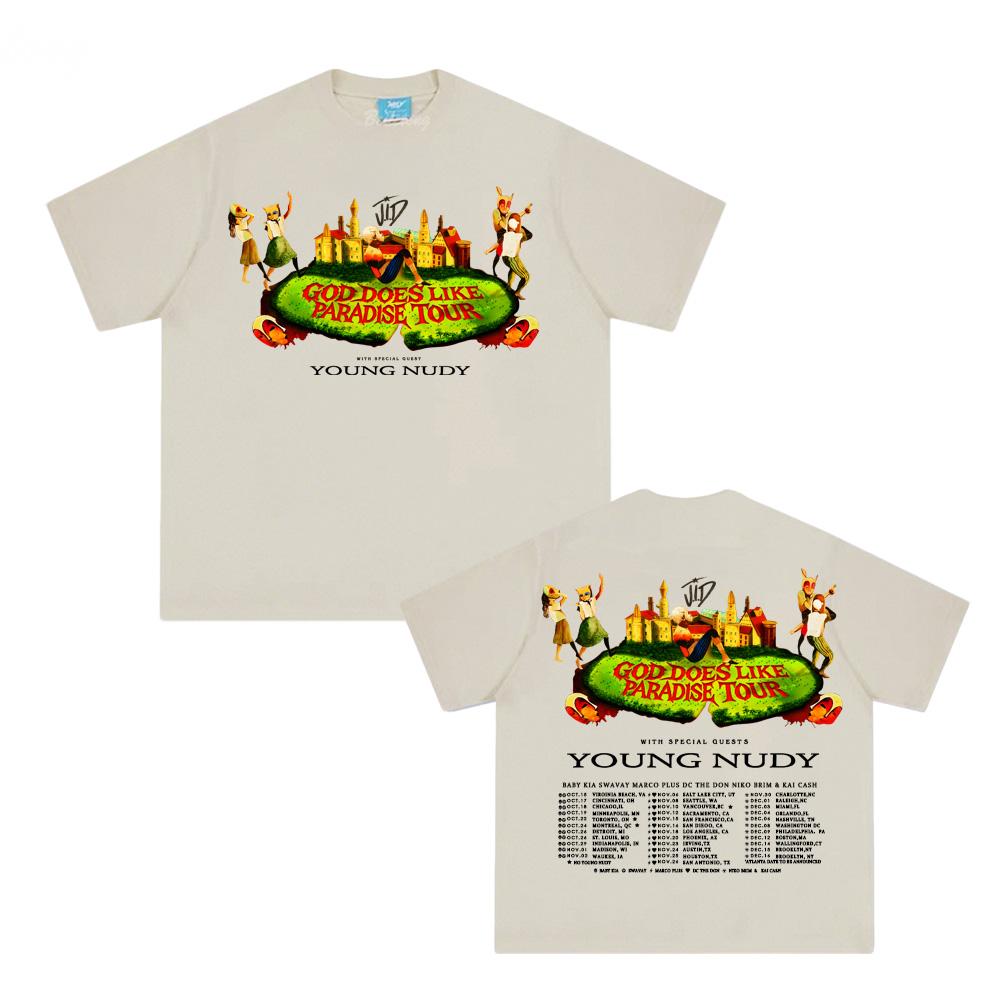 

J.I.D-БОГ ДЕЛАЕТ LKE РАЙ ТУР 2026новая футболка Летняя хип-хоп футболка 100% хлопок Женские/мужские топы XS песочный