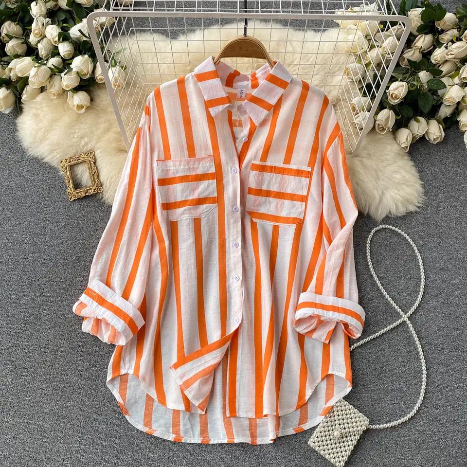 2024 Korean Style Mid-Length Striped Multi-Color Women's Casual Loose Shirt Jacket
