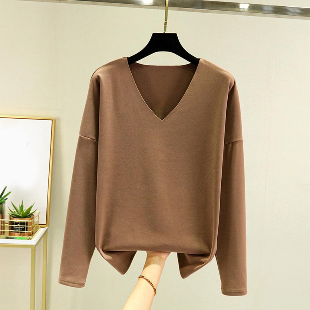 Ladies' Loose Comfortable Casual Fashionable And Large Size Warm Underwear With Seamless  V-Neck And Thick Velvet Long Sleeves Top