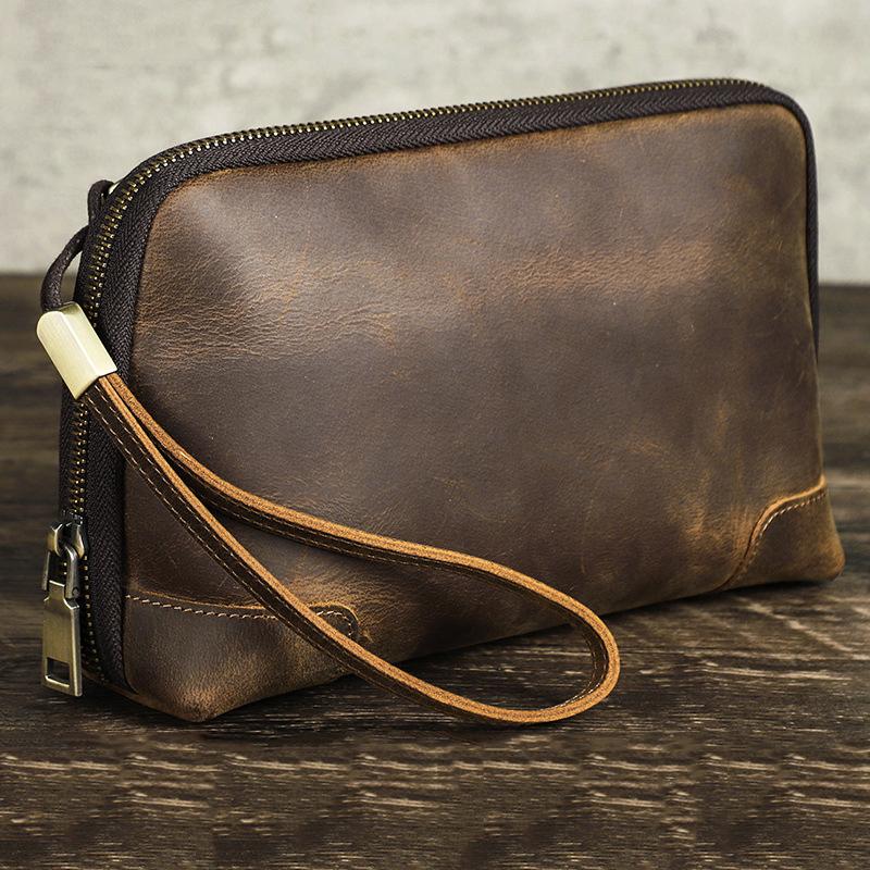 Vintage Men's Genuine Leather Clutch Bag Brown Cow Leather Storage Bag Travel Toiletry Kits Wash Bag Genuine Leather Men Women