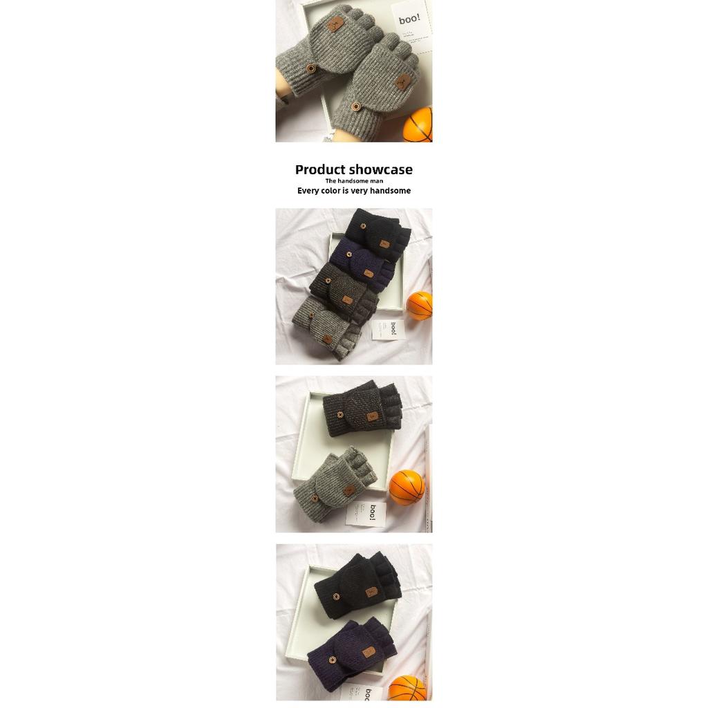 Men's Winter Jacquard Half Finger Open Finger Flip Knitted Thick Women's Warm Gloves