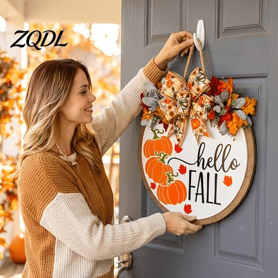Harvest Festival Decor Hello Fall Door Hanger, Wooden Pumpkin Welcome Sign with Bow, Solid Wood Home Rustic Autumn Wreath for Thanksgiving Front Porch