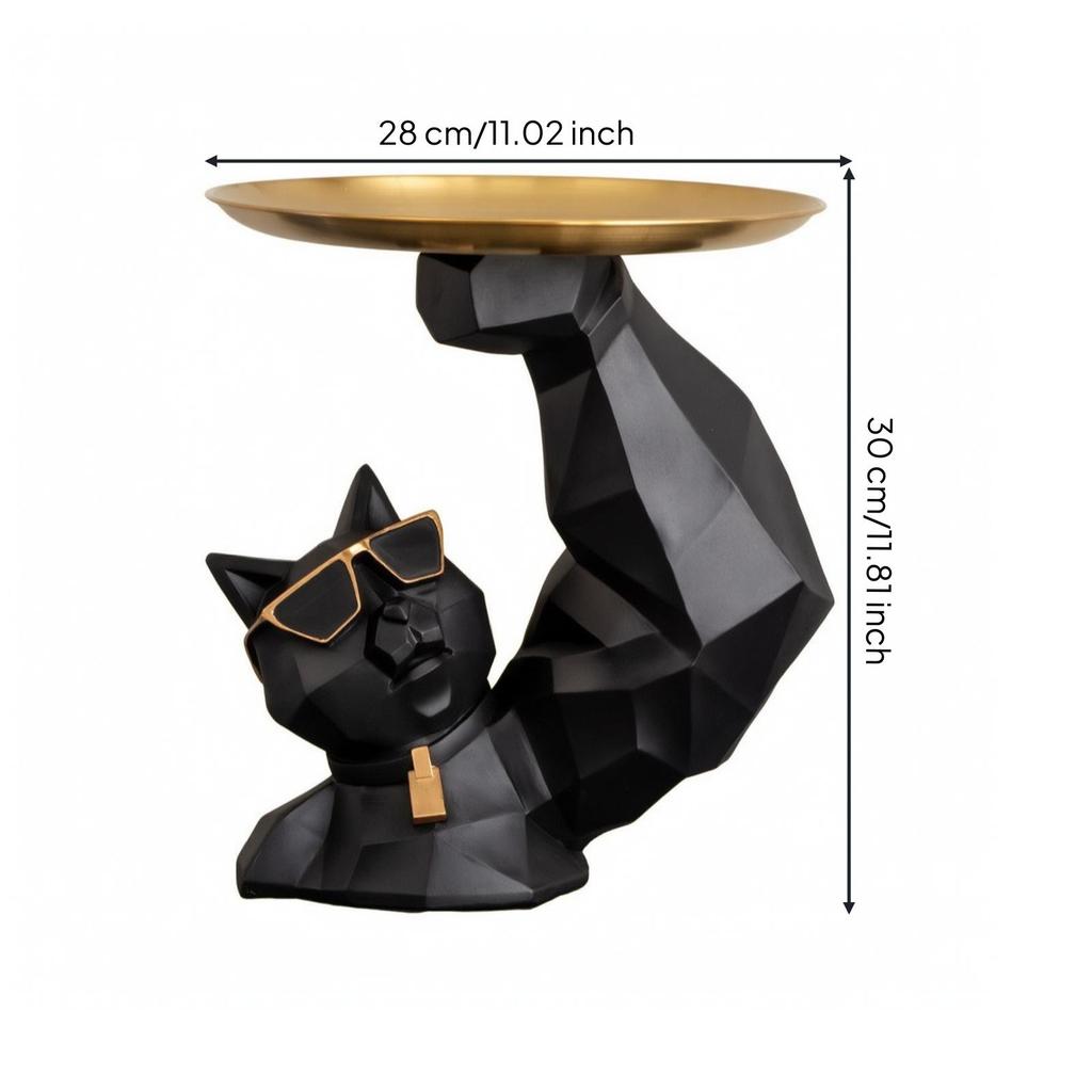 Cat Statue with Metal Tray Geometric Modern for Living Room