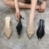 Pointed Stiletto Slippers Women's Outer Wear 2025 New Lace Hollow Temperament Fashion Fairy Style Metal Head Half Drag