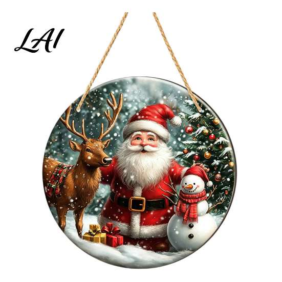 Retro Festive Home Decor Christmas Wooden Round Hanging Sign Santa Claus Highland Cow Winter Theme Rustic Wall Door Decor Farmhouse Holiday Welcome