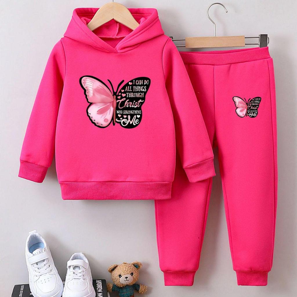 Completo Due Pezzi Felpa con Cappuccio Farfalla per Ragazze: Pullover di Velluto Cartone Animato Carino per Autunno e Inverno