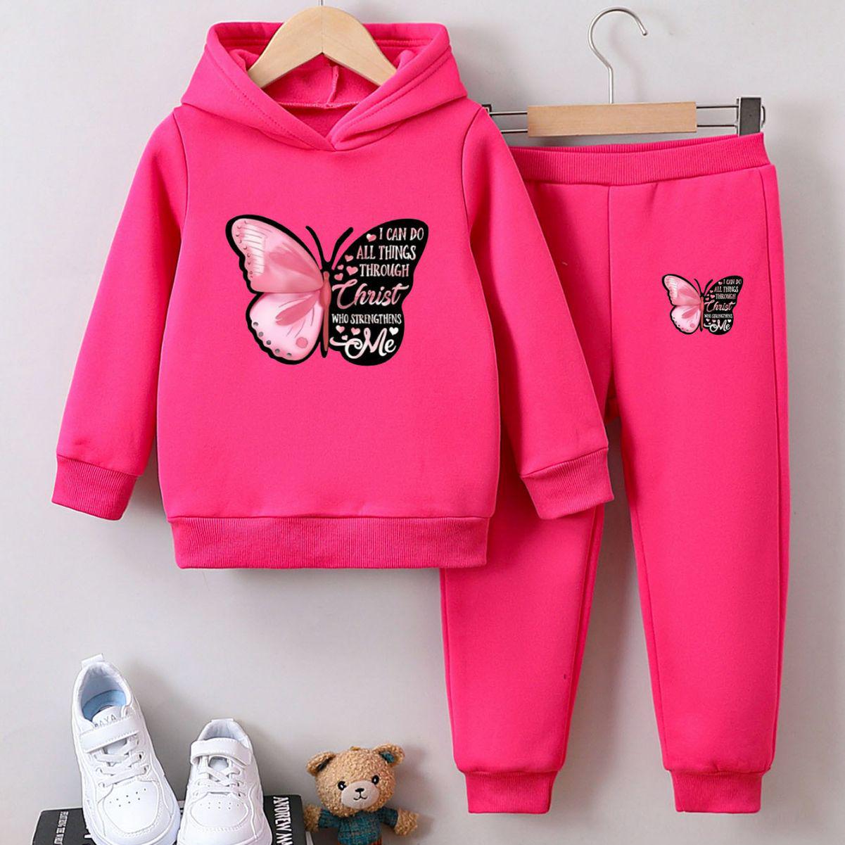 Girls Butterfly Hoodie Two-Piece Set: Cute Cartoon Velvet Pullover for Autumn & Winter