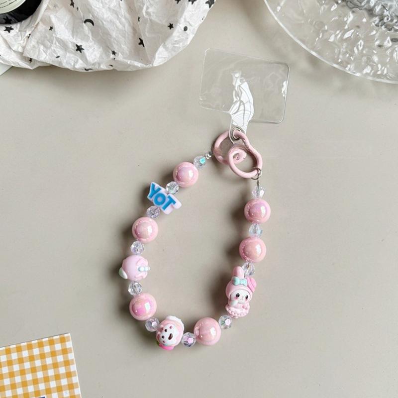 Sanrio Beads Phone Pendant Hello Kitty Kuromi Melody Keychain Wrist Strap Bag Decor Car Keyring W/Card
