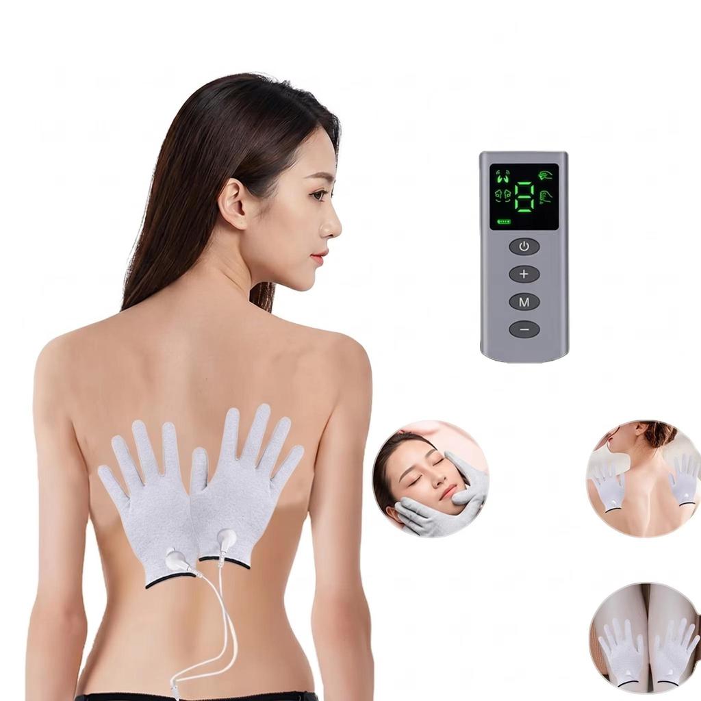TENS EMS Massage Gloves 4 Mode 9 Level Hand Muscle Relaxation Device Beauty Spa Wellness Tool USB Rechargeable Silver Fiber