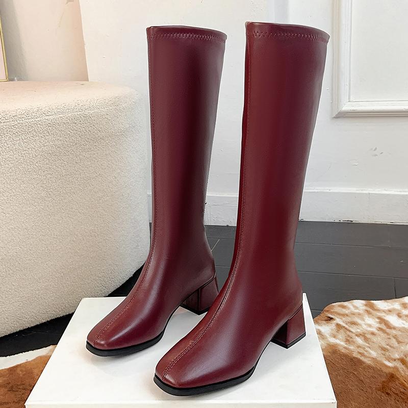 Autumn Winter Thick Heels Woman Knee High Boots Fashion Square Toe Party Dress Shoes Female Vintage Long Booties  De Muje