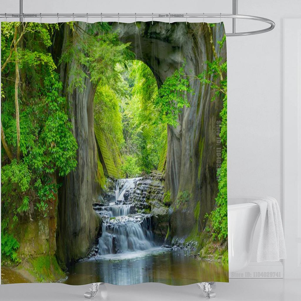 Modern 3D Printing Forest Refreshing Scenery Shower Curtain Waterproof Landscape Green Plant Mountain With Hooks Bathroom Decor