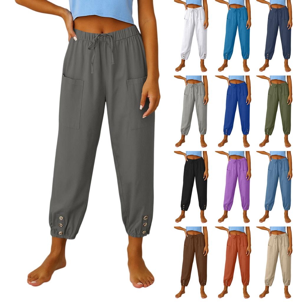 Women's Fashion Solid Color Hemp Cotton Pocket Leg Tight Waist Casual Pants