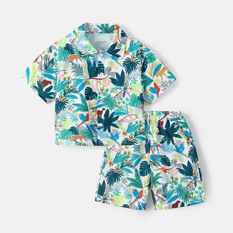Boys' Shirts, Summer Hong Kong Style Kidsren's Clothing, Big Kidsren's Floral Shirts, Boys' Short-Sleeved Beach Suits, Vacation and Seaside Clothes