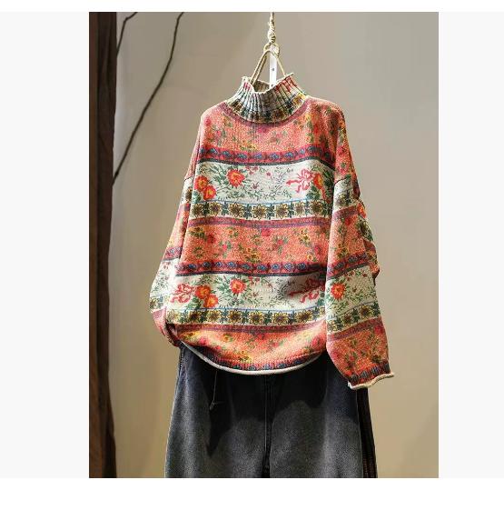 Vintage Floral Print Mock Neck Casual Loose Sweater Woman Autumn Fashion Cotton Long Sleeves Sweater
