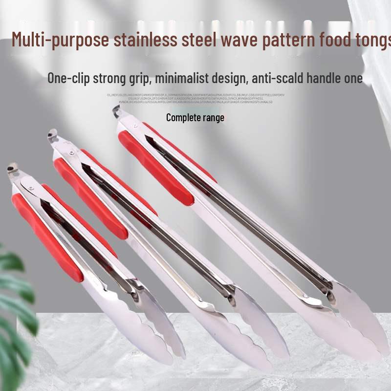 Stainless Steel Kitchen Tongs: Food, Bread, Anti-Scald, BBQ, Charcoal Cooking Tools 9-inch red handle