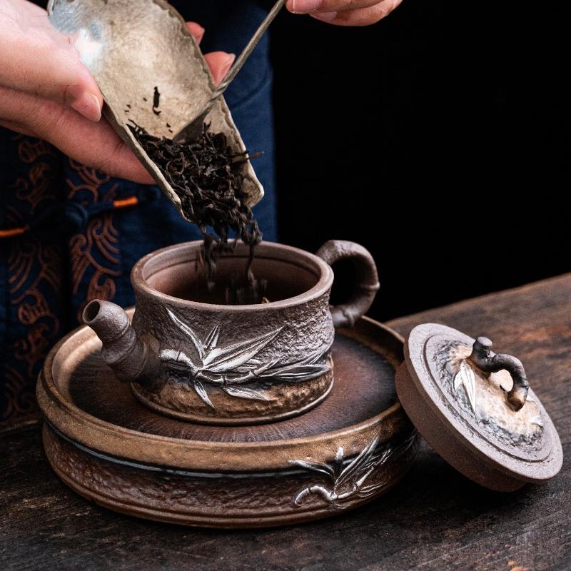 Gilded Iron Glaze Bamboo Coarse Pottery Tea Pot Old Rock Mud Tea Maker Handmade Retro Kung Fu Tea Set