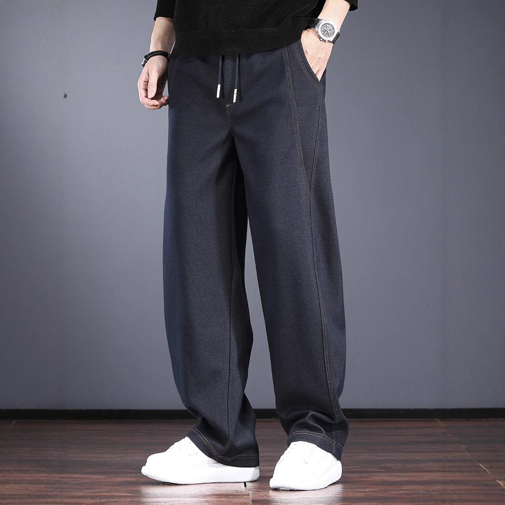 High-end knitted casual jeans men's autumn and winter loose straight wide-leg pants trendy brand loose scimitar pants