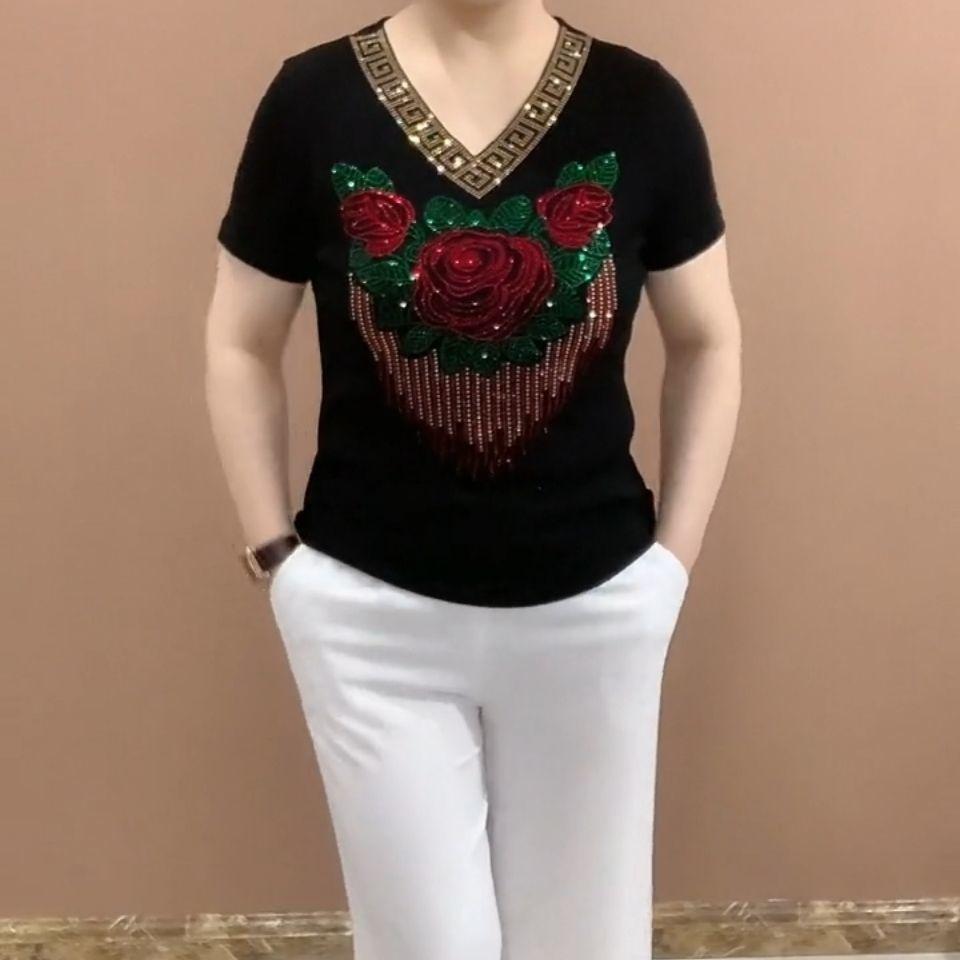 Summer Casual Fashion Diamons Short Sleeve T-shirt Women Slim All-match Pullover Tee Women Harajuku Y2K Street Wear V-neck Top
