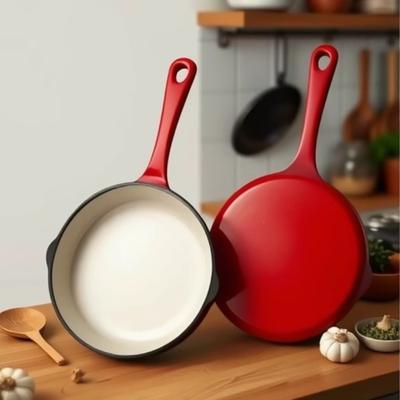 Household Non-stick Enameled Cast Iron Dutch Oven Universal Flat Bottomed Frying Pan Red Vintage Omelette Pan Induction Cooker