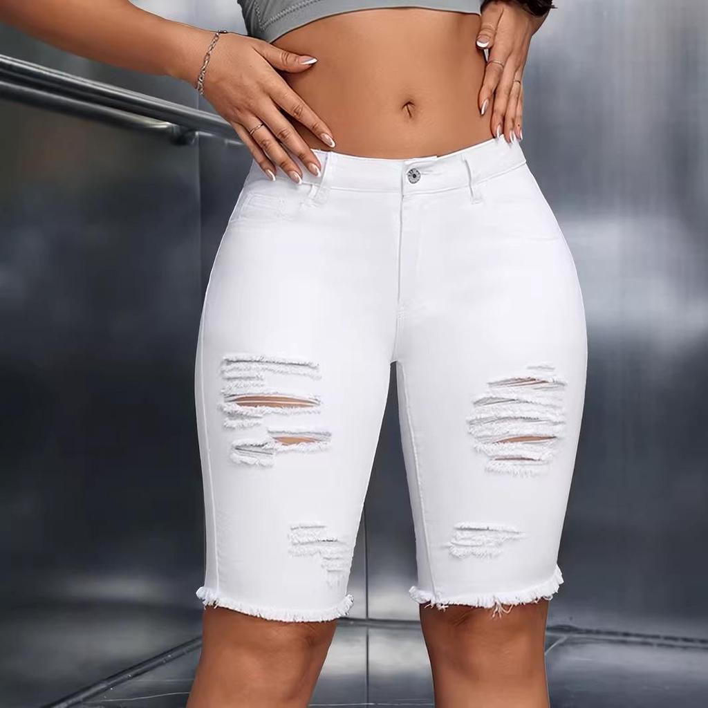 Women's White Frayed Retro Denim Capris with European Size and Ripped Details