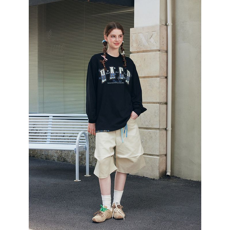 Hacr Ethnic Style Woven Patch Embroidered Long-Sleeved T-Shirt Early Autumn National Trend Loose Couple Wear T-Shirt for Men and Women