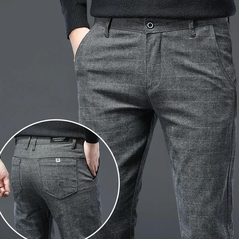 Pánské ležérní bavlněné plátěné kalhoty business kostkované kalhoty rovné tenké dlouhé kalhoty kancelářské kalhoty na jaro a podzim