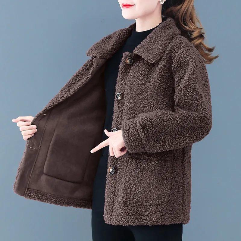 Women's Lambskin Granular Fleece Coat - Autumn/Winter Cardigan for Middle-Aged