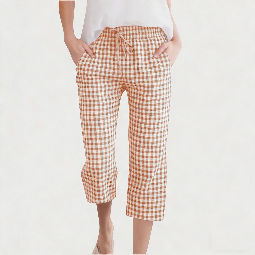 Children's Fashionable And Cute Checkered Elastic Waist Pocket Casual Girls' Cropped Pants