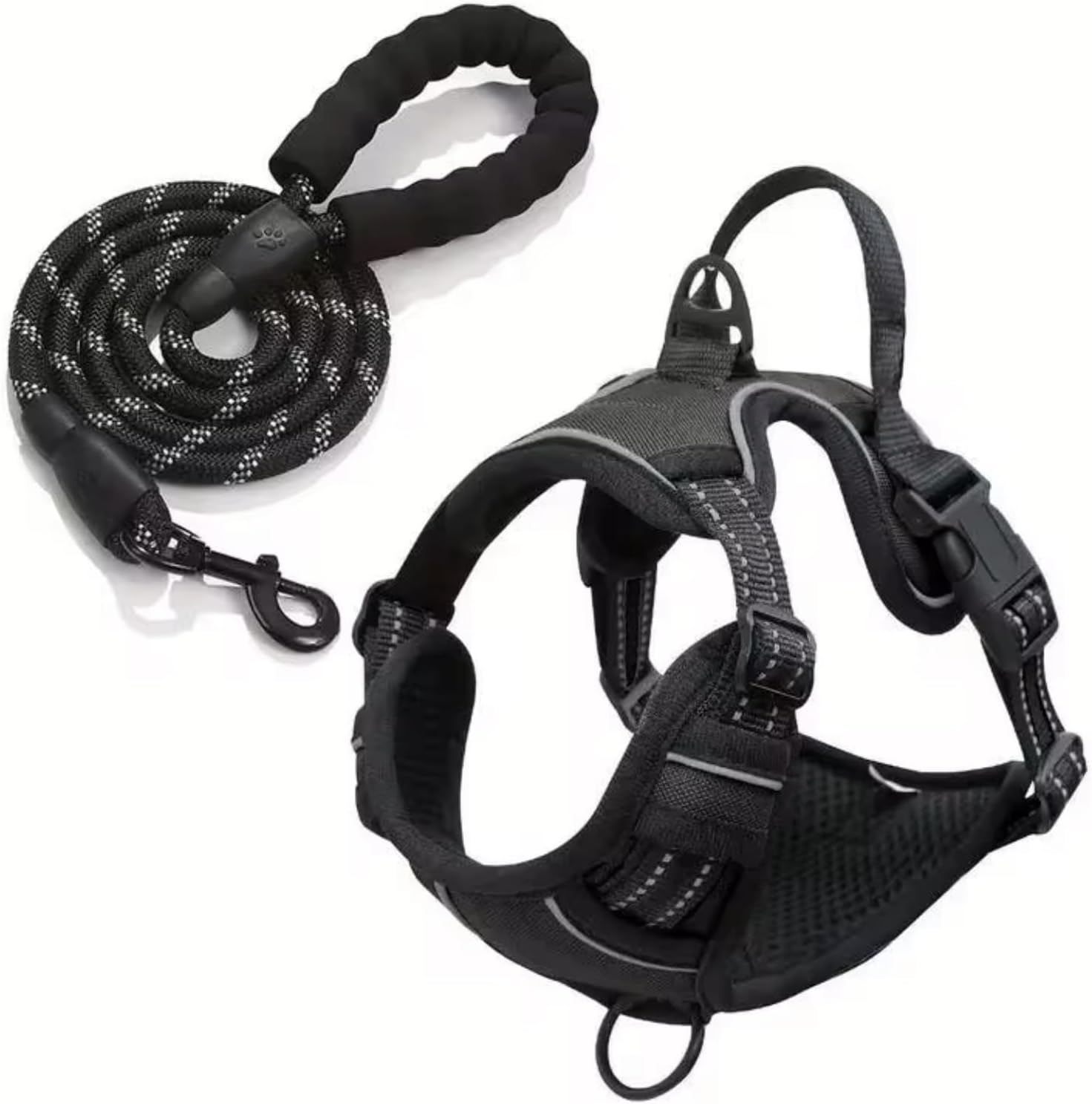 

No Pull Dog Harness Adjustable Reflective Oxford Easy Control Large Dog Harness with A Free Heavy Duty 5ft Dog Leash S чёрный