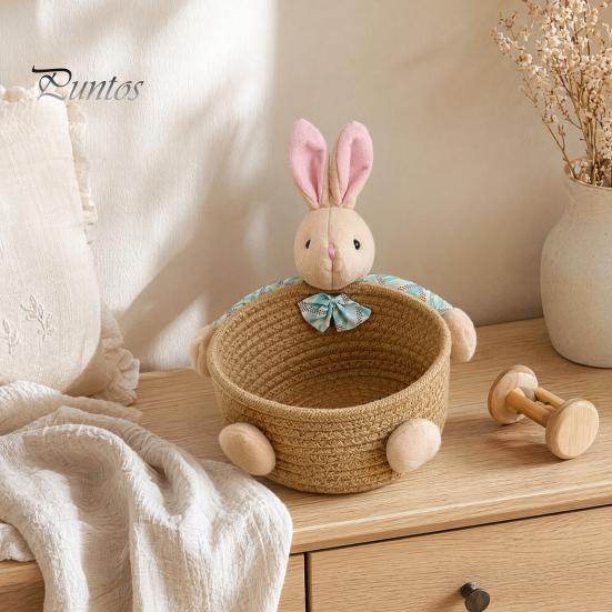 Gentle Color Storage Basket Desktop Basket, Cartoon Plush Bear And Rabbit Rope Decorative Plaid Bow Organizer Shape, Woven for Small Items Jewelry