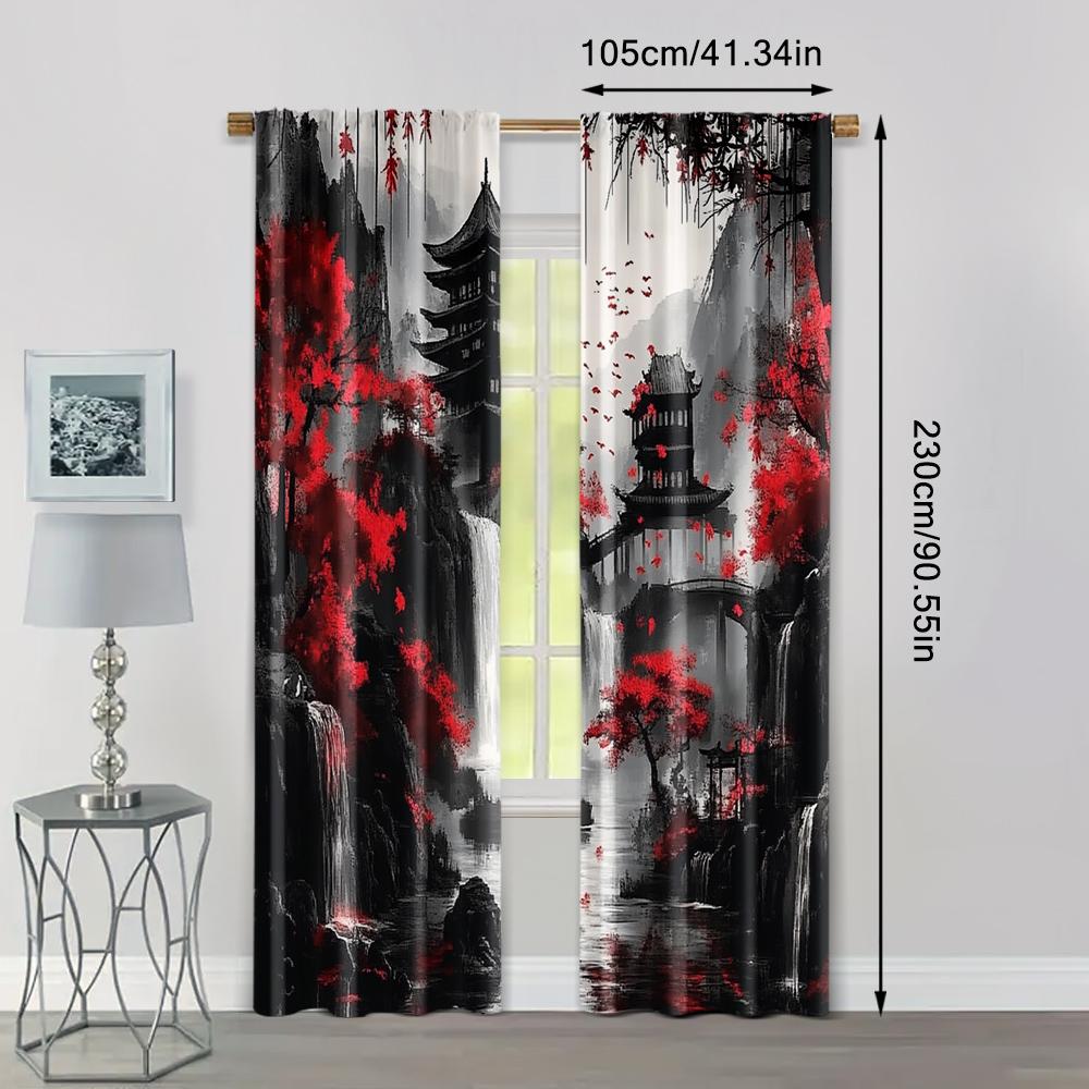 2pcs, Creative Curtains 2D Print Japanese Mountain Ink Painting Fabric (without Rod) Decorations Inside Use for Bedroom Office