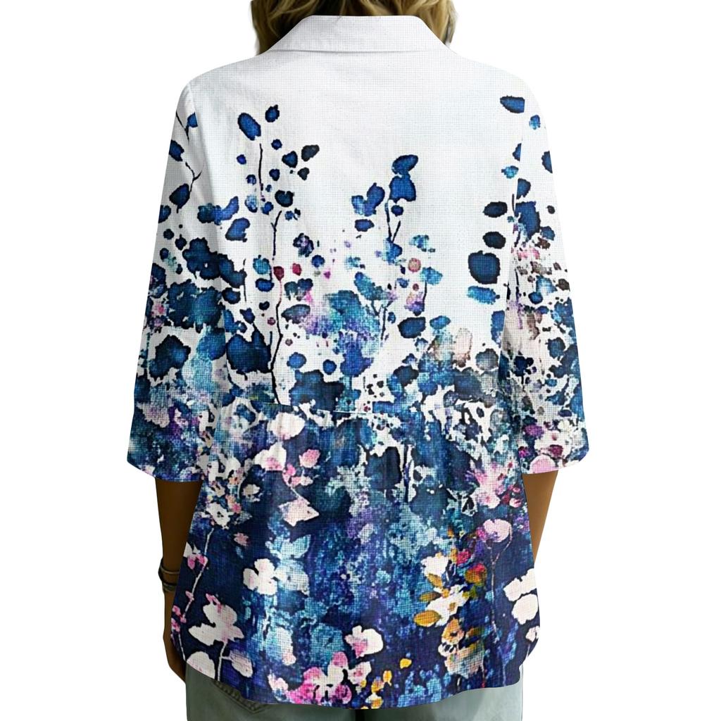 Women's Button Front Shirt Vintage Floral Print Three Quarter Sleeve Loose Fit Collared Blouse Casual Top for Daily Wear