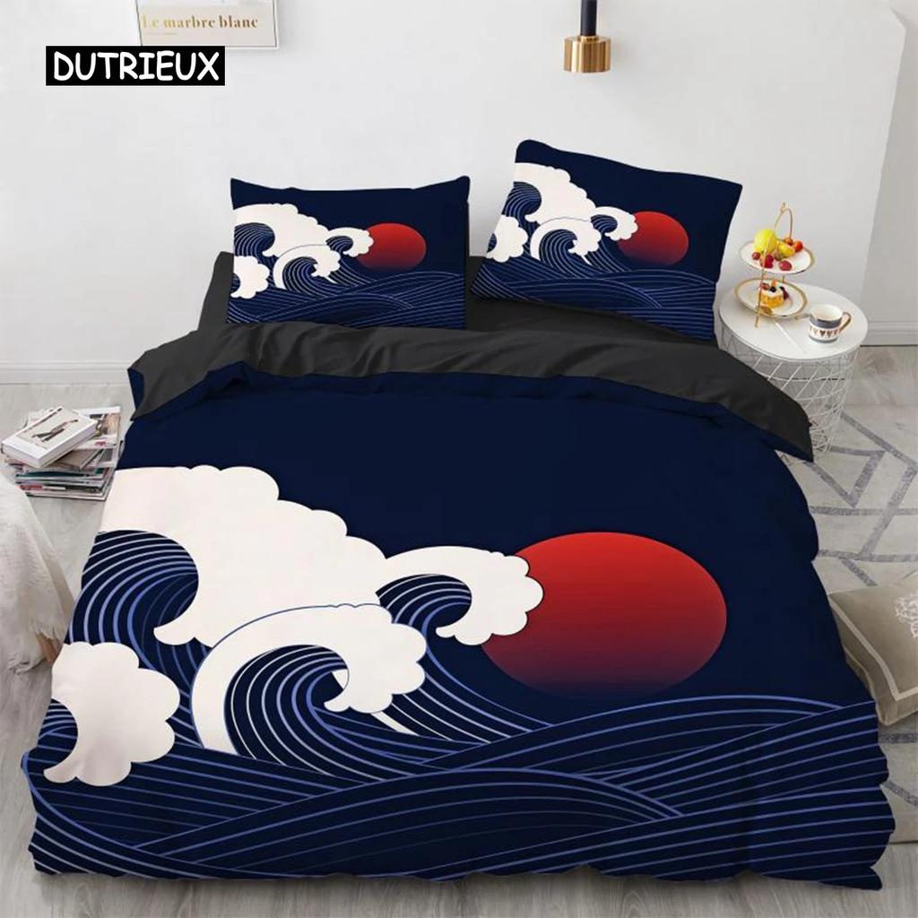 Wave Duvet Cover Set Hokusai Pattern Japanese Ukiyoe Quilt Cover Oriental Sketch Style Ocean Queen Twin Polyester Bedding Set