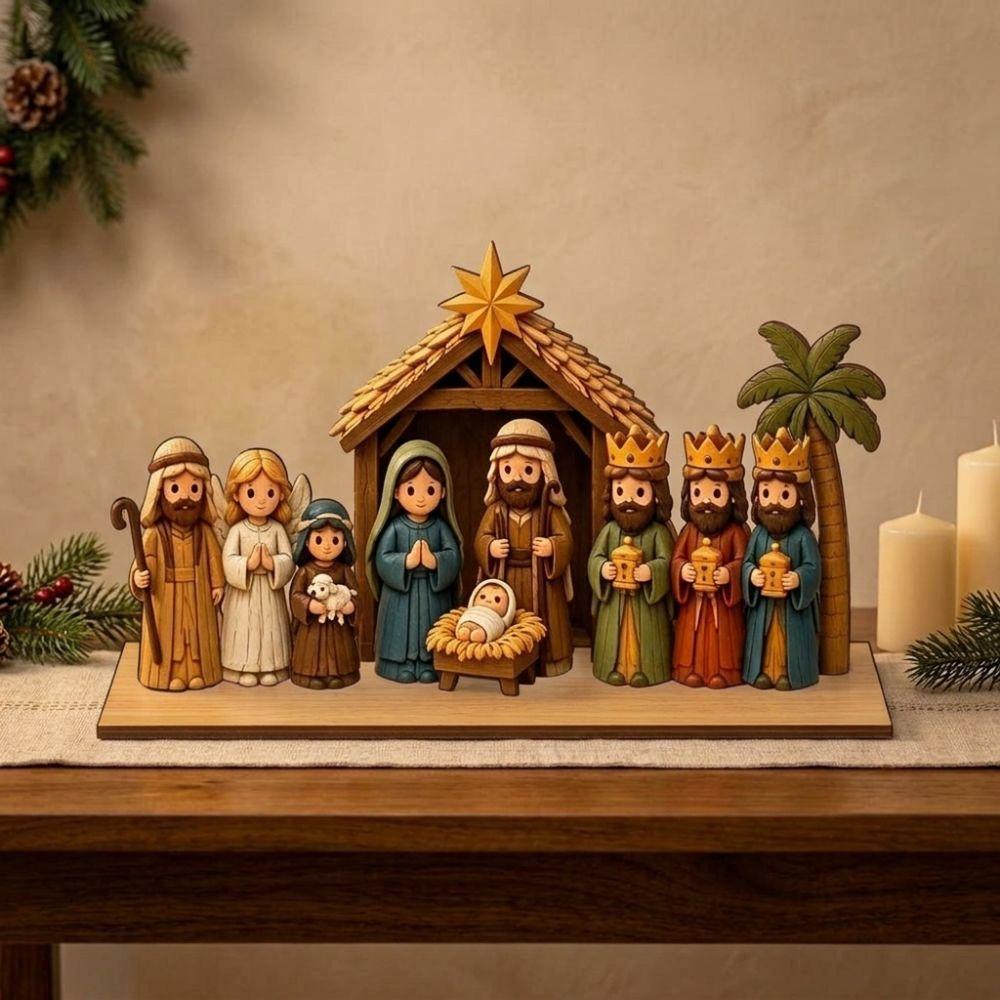 2D Flat Christmas Nativity Wooden Sign Vintage Rustic Xmas Manger Scene Decor Study Decor