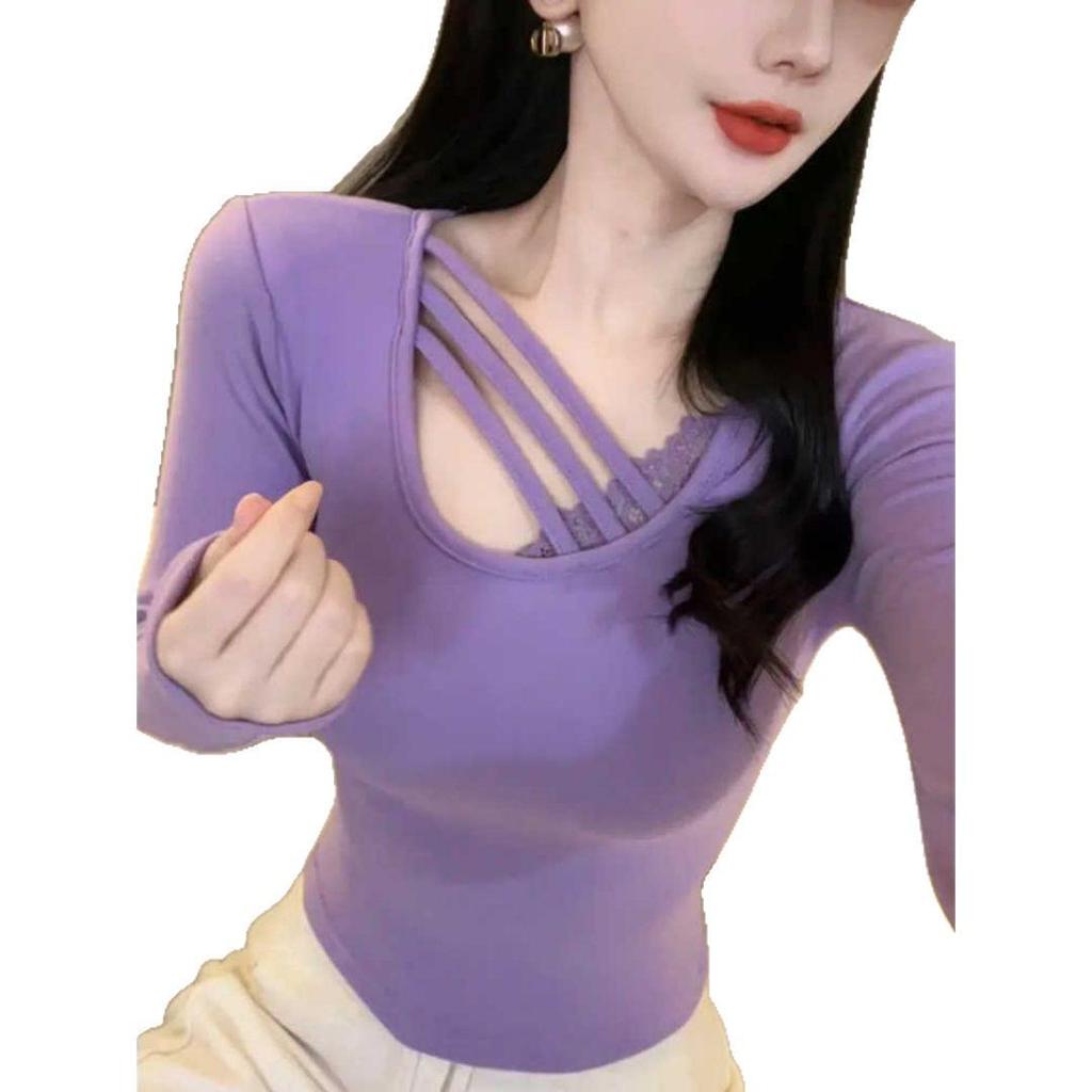 Plus Size Velvet Patchwork Slimming Lace Long Sleeve Top – Women's Autumn/Winter Korean Style Base Layer Shirt