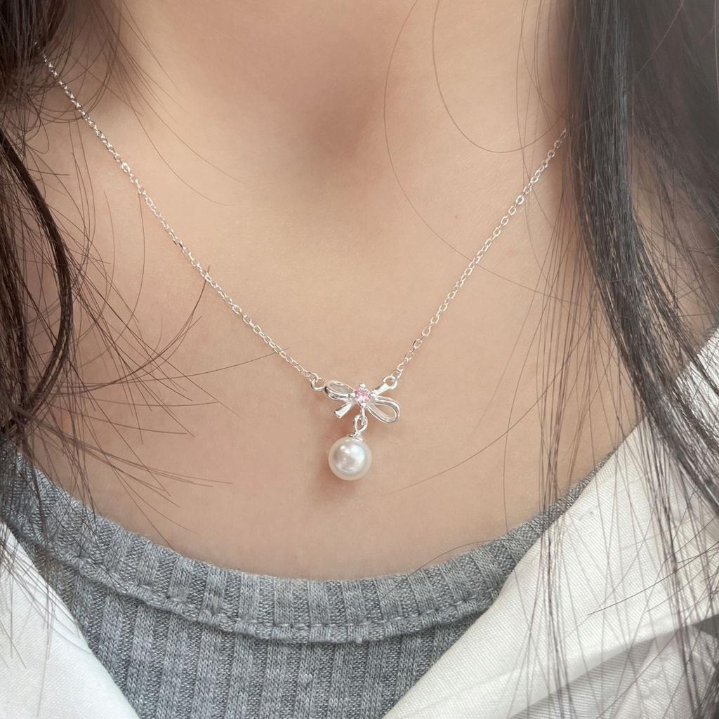 Small and fresh temperament S925 sterling silver bow bead necklace female sweet pink diamond collarbone chain